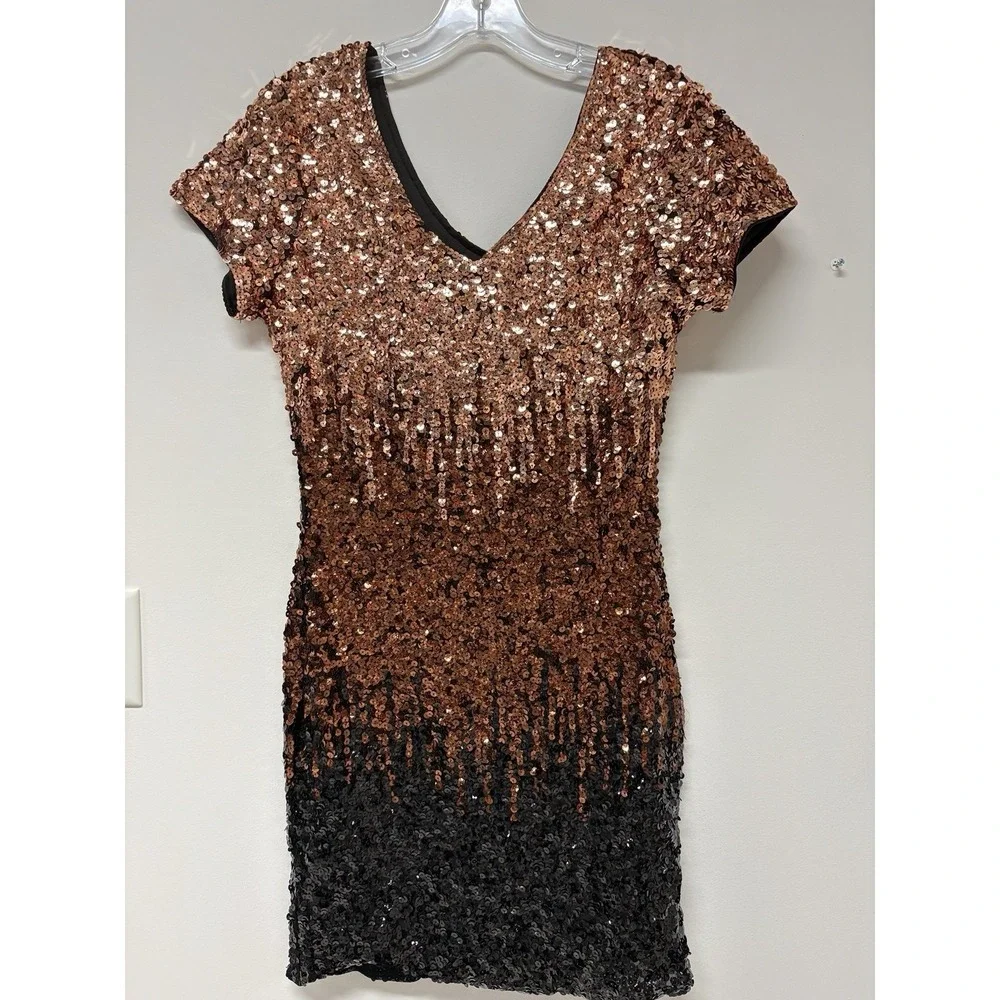 Ombre Sequin Bodycon M Dress V-Neck Cap Sleeve Copper Bronze Black Cocktail Midi - Picture 5 of 10